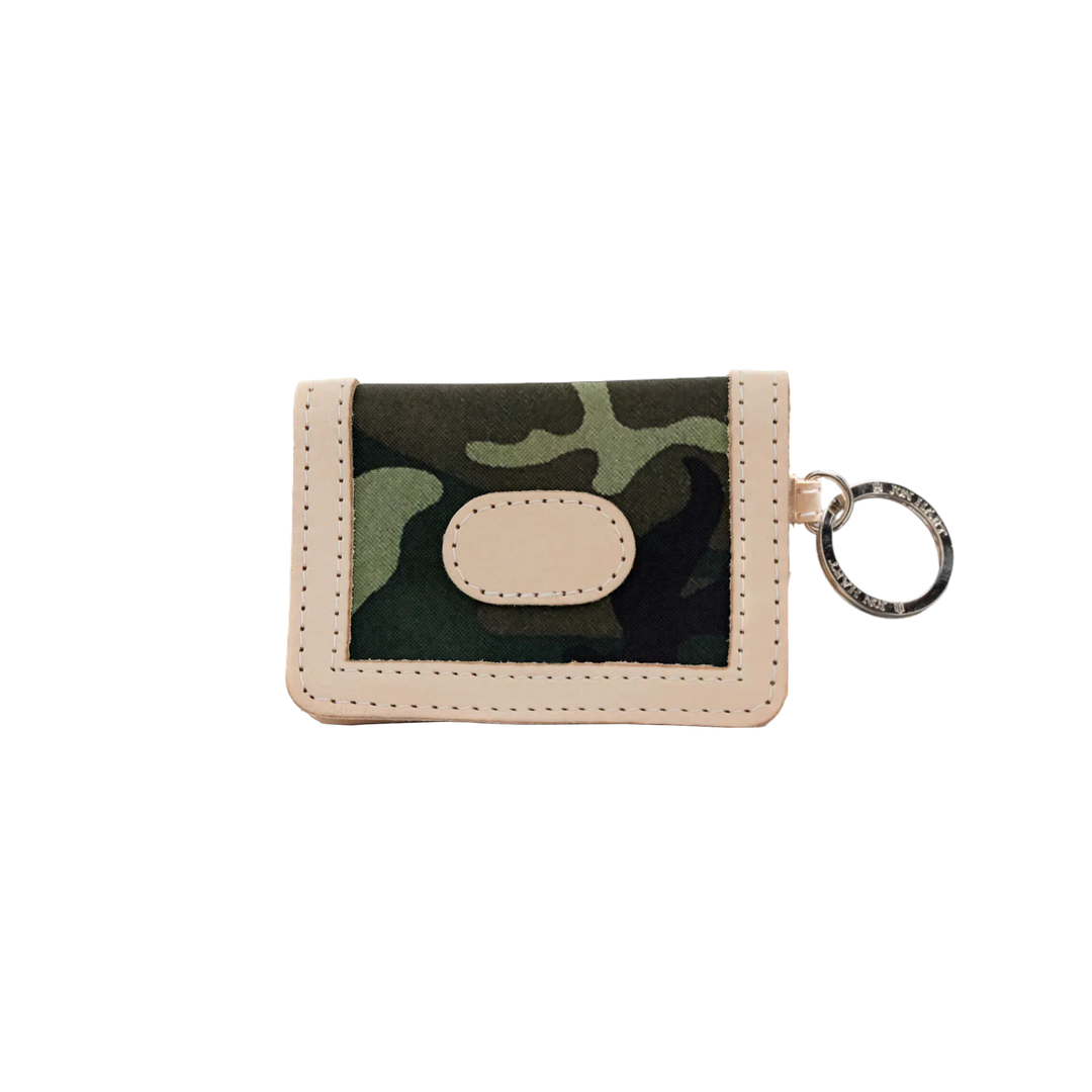 Jon Hart Design ID wallet made of classic camo-coated canvas with multiple card slots and a clear ID window.