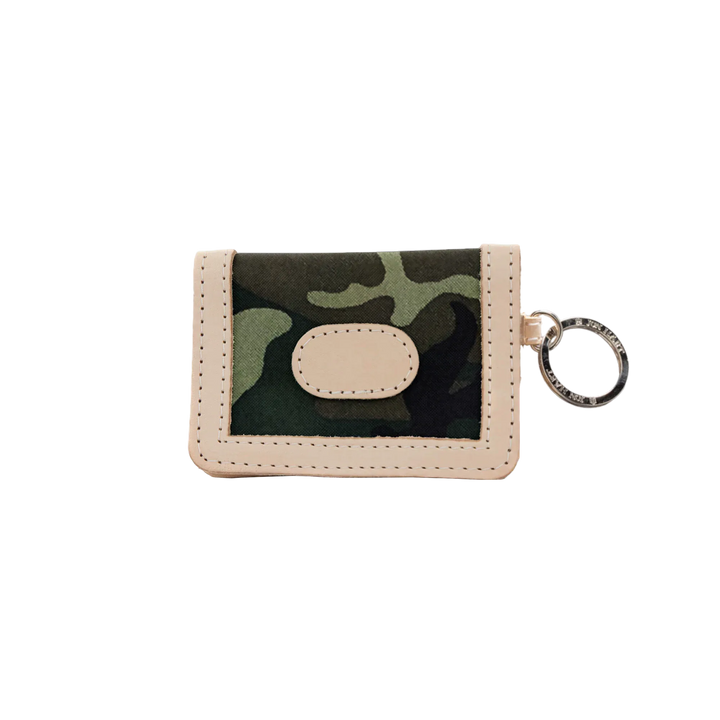 Jon Hart Design ID wallet made of classic camo-coated canvas with multiple card slots and a clear ID window.