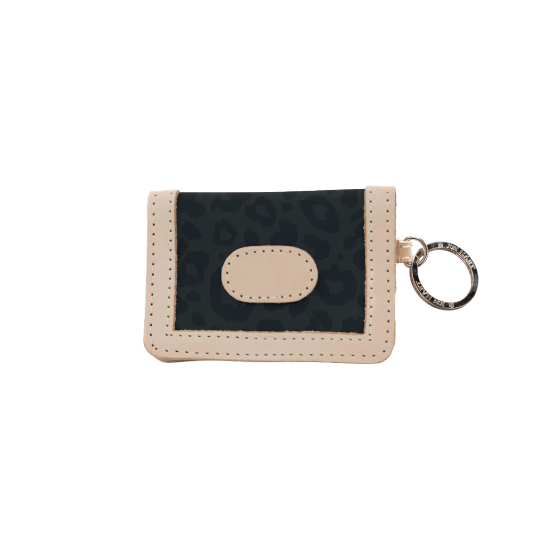 Jon Hart Design dark leopard coated canvas ID wallet showing multiple card slots and a clear ID window.