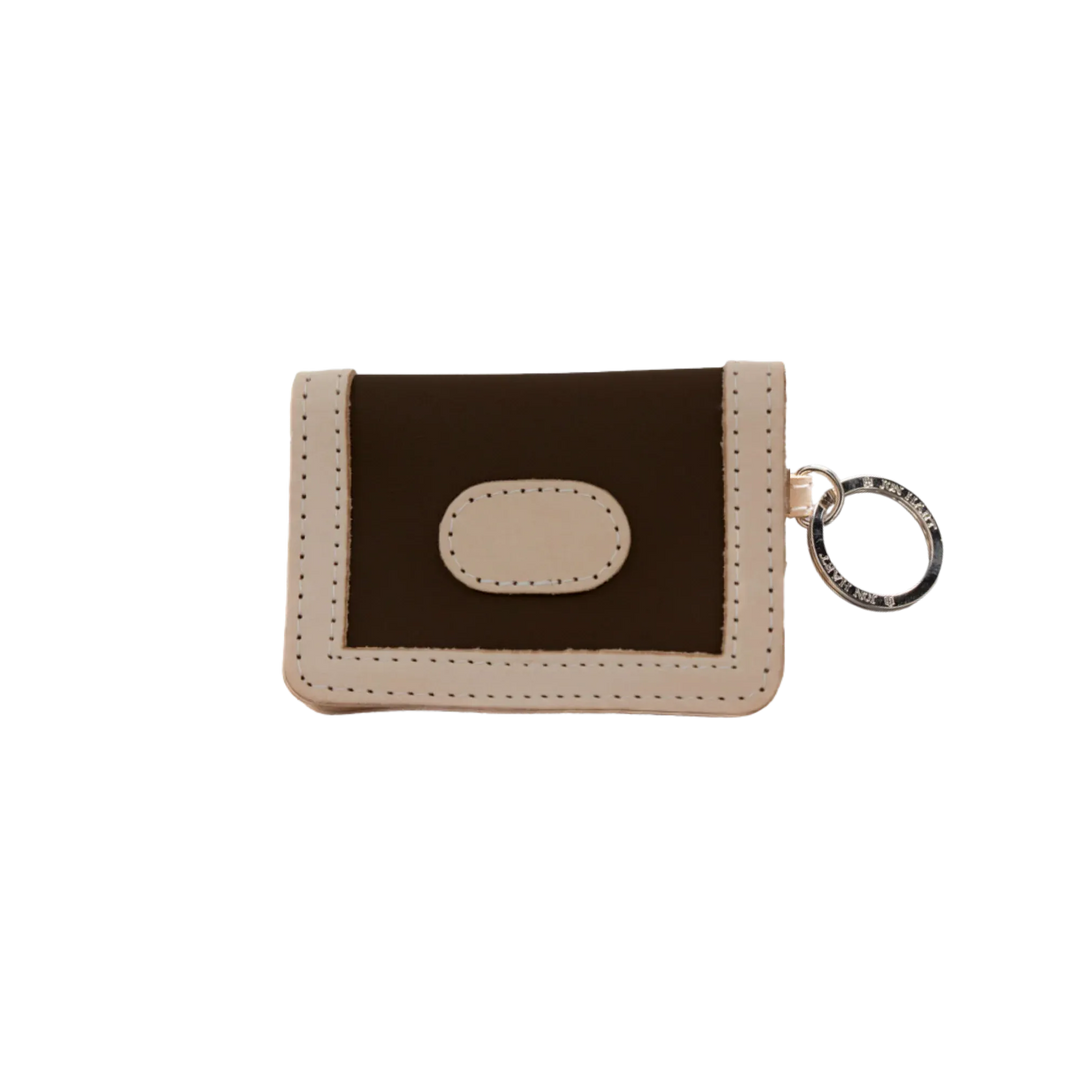 Jon Hart Design ID wallet made of espresso-coated canvas, featuring multiple card slots and a secure ID window.