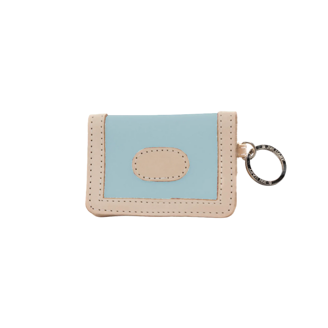 Jon Hart Design ice blue coated canvas ID wallet showing multiple card slots and ID window for secure organization.