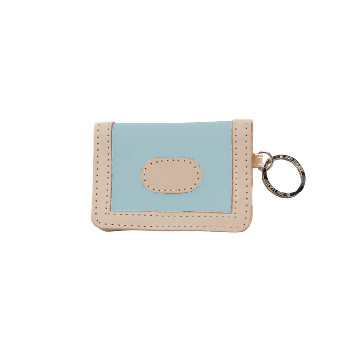 Jon Hart Design ice blue coated canvas ID wallet showing multiple card slots and ID window for secure organization.