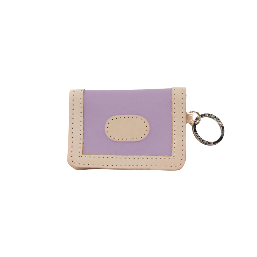 Jon Hart Design lilac-coated canvas ID wallet with multiple card slots and a clear ID window.