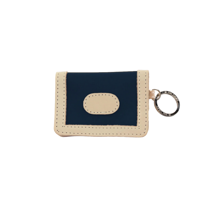 Jon Hart Design navy-coated canvas ID wallet with clear ID window and multiple card slots.