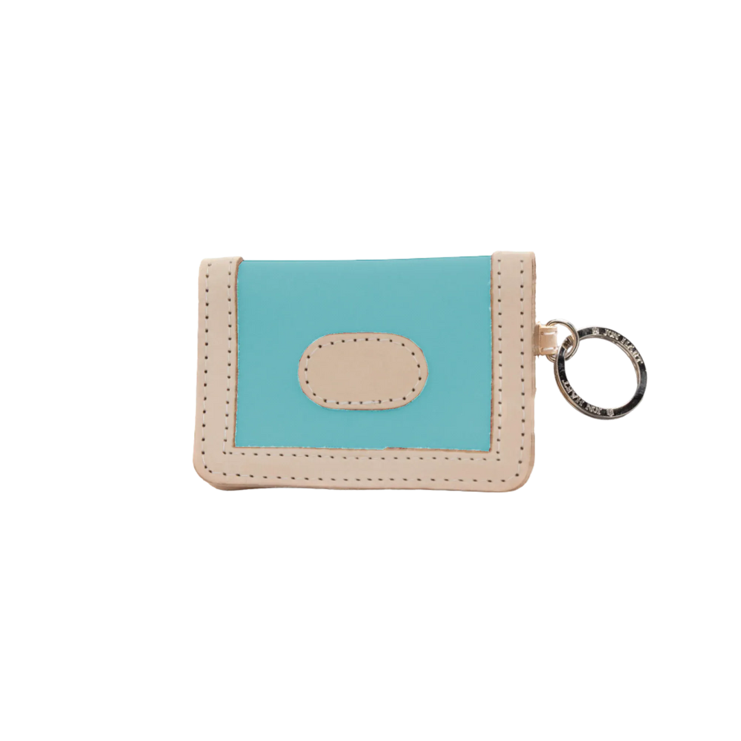 Jon Hart Design ocean blue coated canvas ID wallet showing multiple card slots and a clear ID window.
