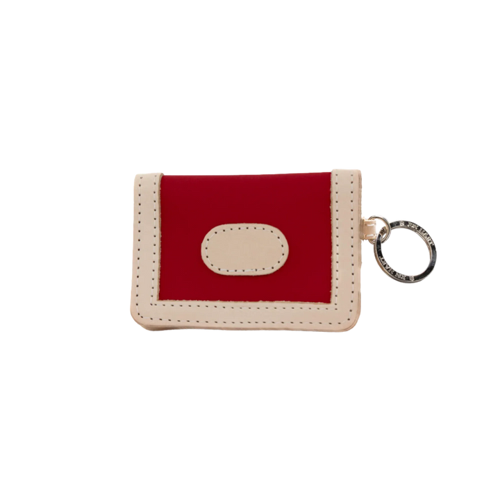 Red-coated canvas Jon Hart ID wallet with multiple card slots and clear ID window from Jon Hart Design.