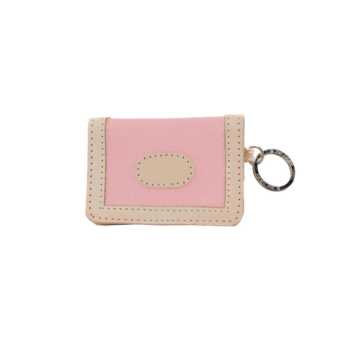 Jon Hart Design ID wallet made of rose-coated canvas, featuring multiple card slots and a clear ID window.