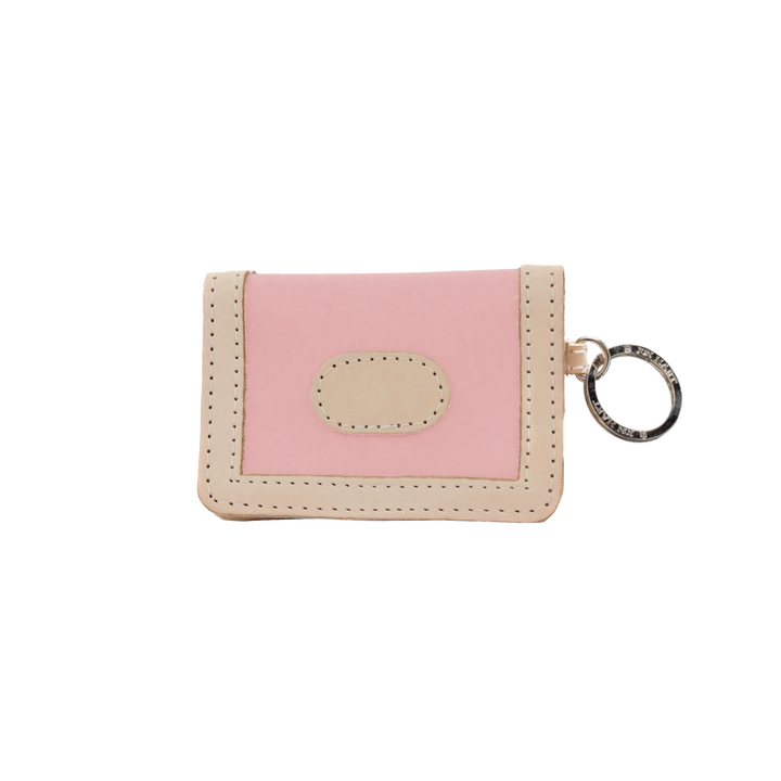 Jon Hart Design ID wallet made of rose-coated canvas, featuring multiple card slots and a clear ID window.