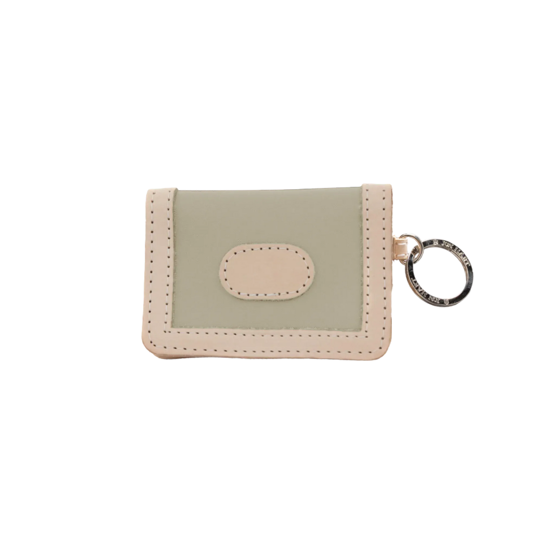 Jon Hart Design tan coated canvas ID wallet showing multiple card slots and ID window.