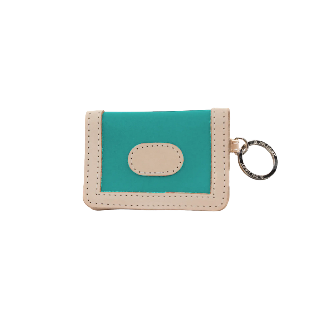 Jon Hart Design teal coated canvas ID wallet with multiple card slots and a clear ID window.