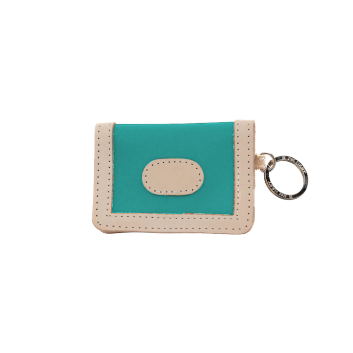 Jon Hart Design teal coated canvas ID wallet with multiple card slots and a clear ID window.