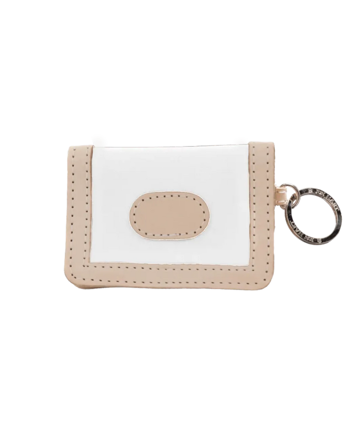 Jon Hart Design ID wallet made of white-coated canvas with multiple card slots and a clear ID window.