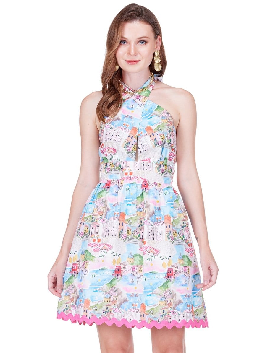 Joy Joy Alora Criss-Cross Midi Dress in Coastal Dream, featuring a stylish cross-front design and lightweight fabric.
