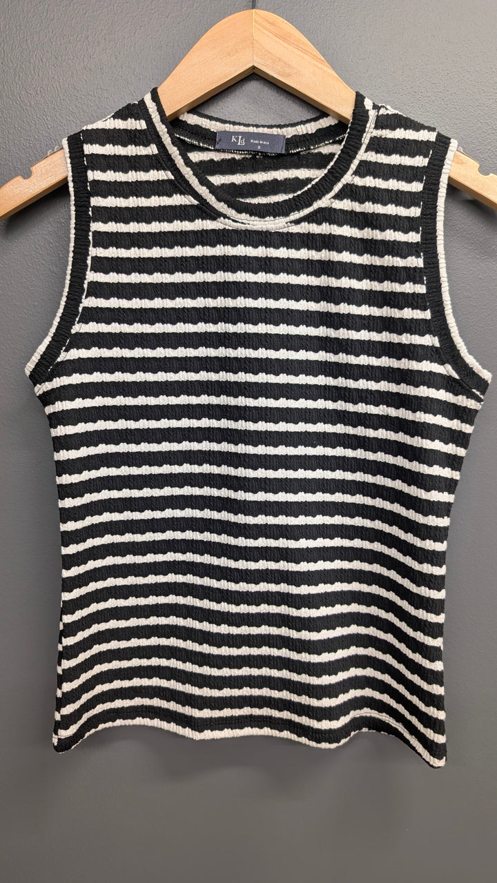 Black KLd. Signature Jovie Stripe Top, slim-fit casual top with white stripe pattern, short sleeves and round neckline.