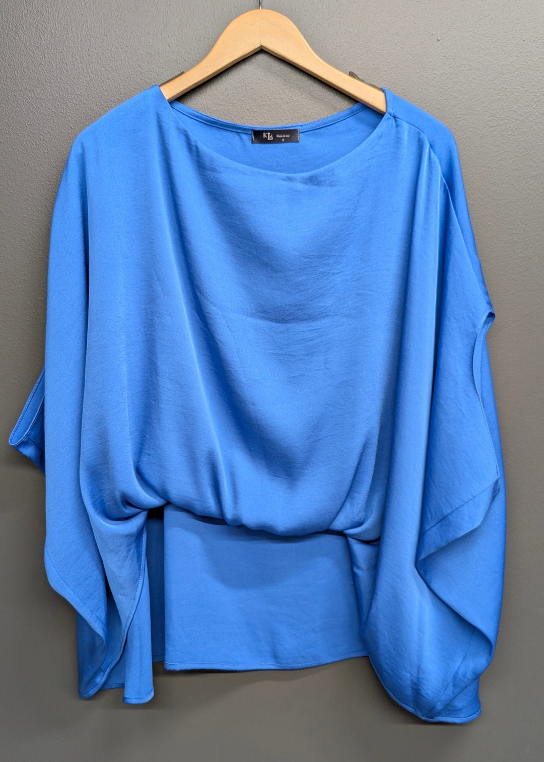 Blue Lydia Caftan Top by KLd. Signature, featuring a relaxed fit and elegant design, shown on a model.