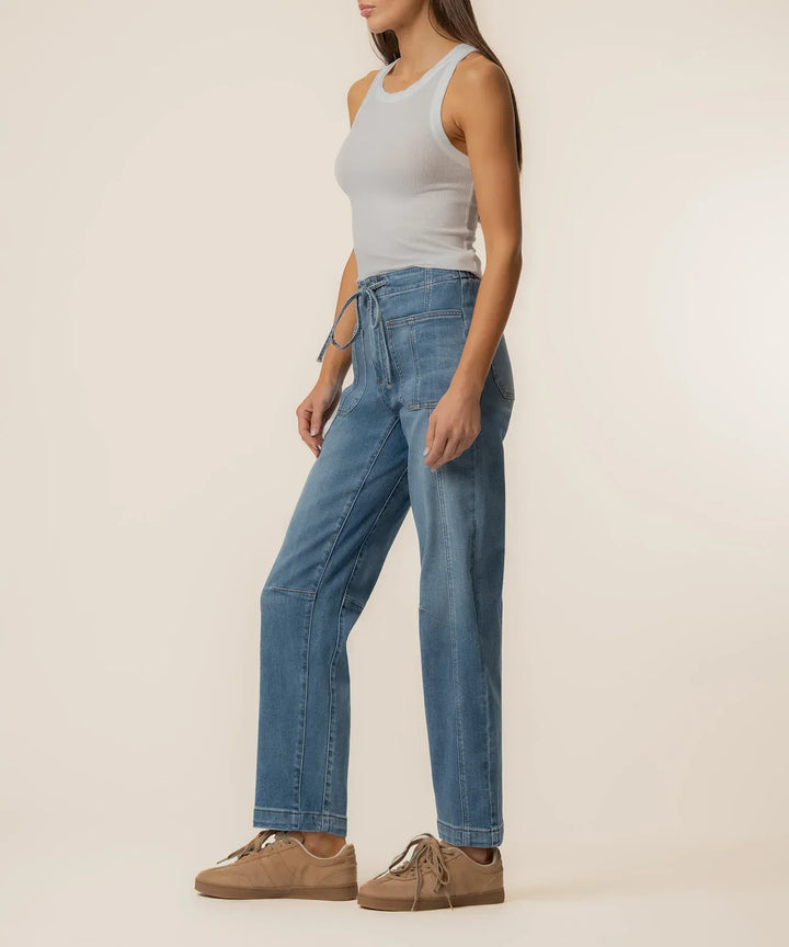 KUT from the Kloth Ashton high-rise slouchy barrel denim jeans, showcasing relaxed fit, high waist, and classic blue color.