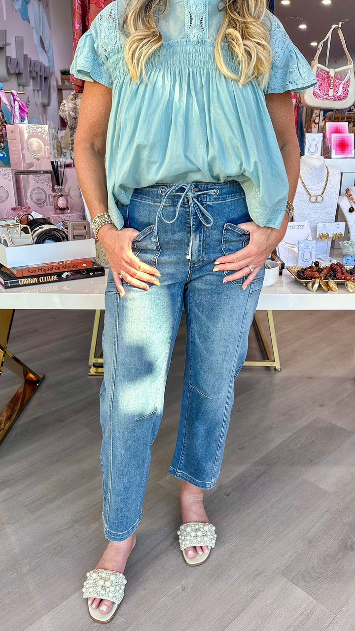 KUT from the Kloth Ashton high-rise slouchy barrel denim jeans, front view showing relaxed fit and classic blue wash.