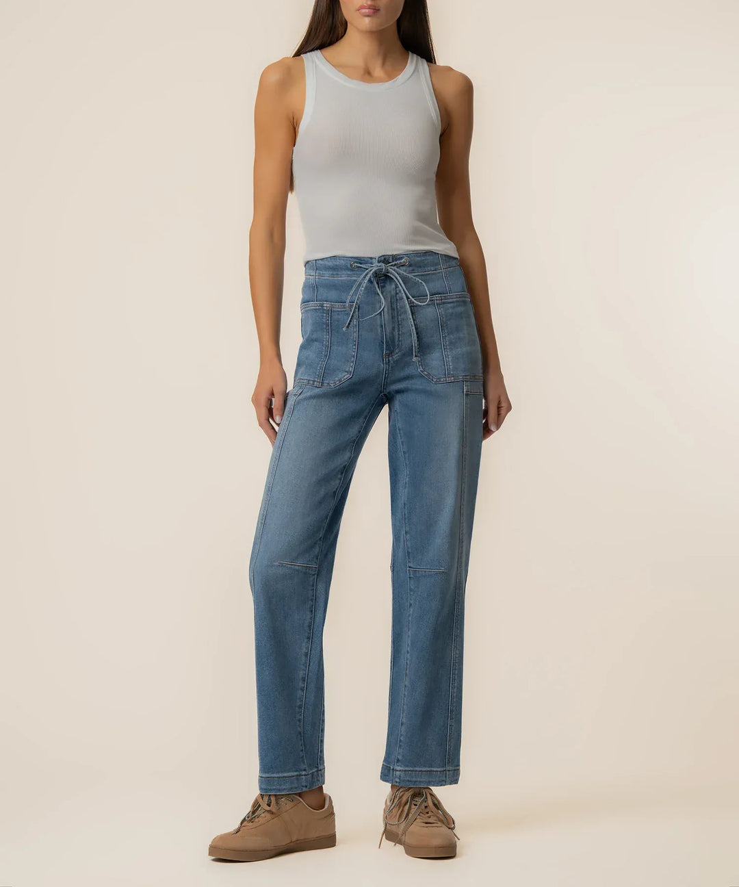 KUT from the Kloth Ashton high-rise slouchy barrel denim jeans in a light wash, featuring relaxed fit and distressed details.