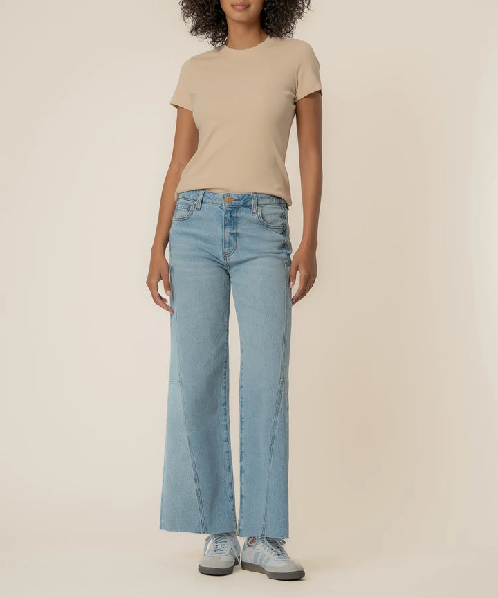 KUT from the Kloth Meg High Rise Wide Leg Denim Pants in light wash, long length, stylish and comfortable fit