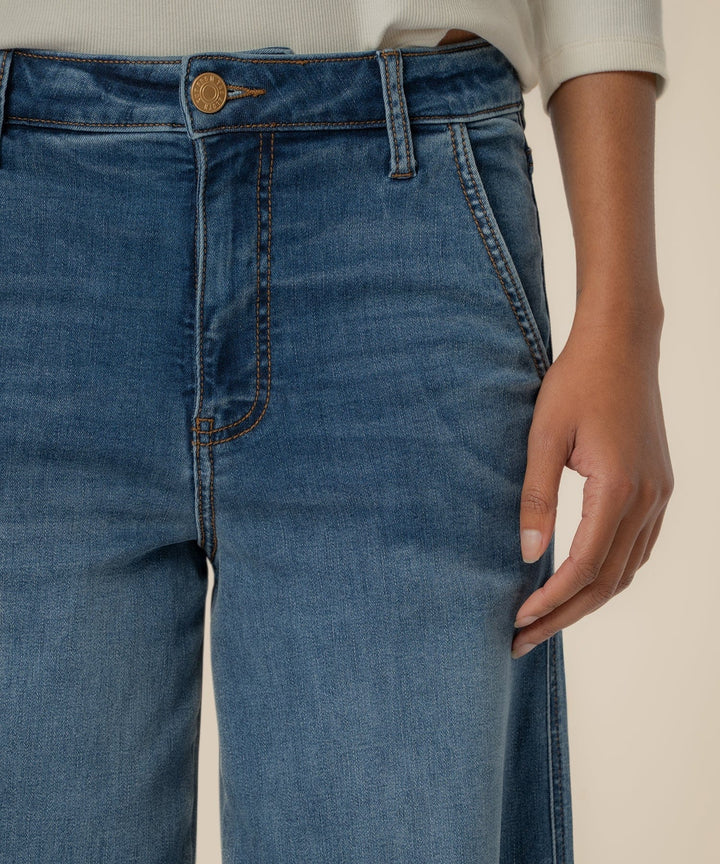 KUT from the Kloth Meg high-rise wide-leg denim jeans, front view showcasing classic blue color and high waist fit
