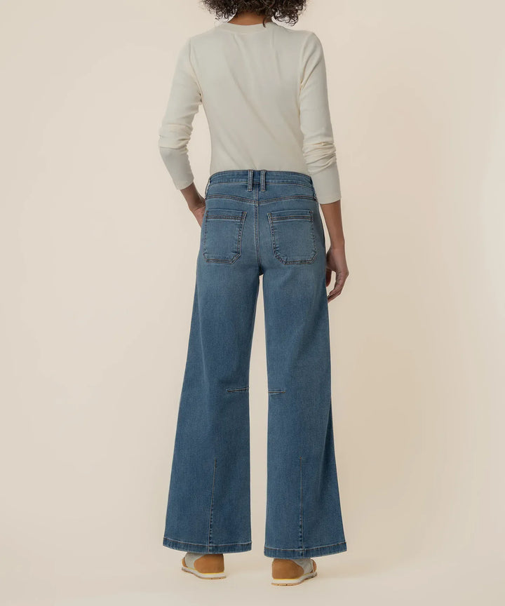 KUT from the Kloth Meg high-rise wide-leg denim jeans, front view showcasing the fit and classic blue denim fabric.