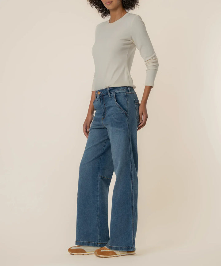 KUT from the Kloth Meg High Rise Wide Leg denim jeans, front view showing classic high waist and wide leg fit.