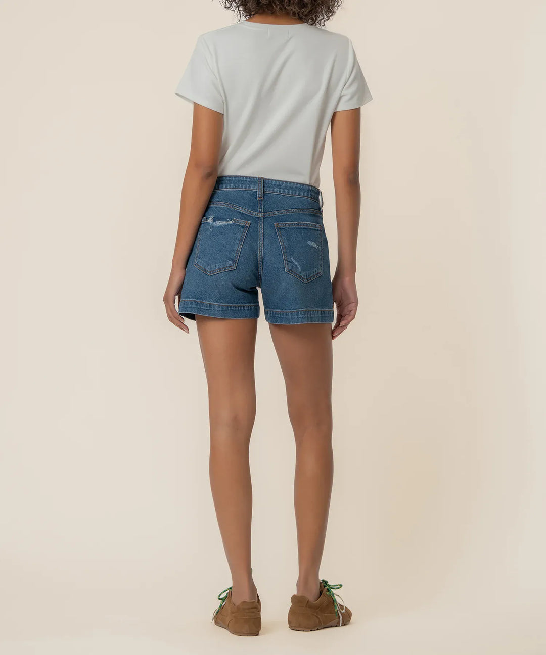 KUT from the Kloth Jane High Rise Denim Shorts with Pork Chop Pockets, showcasing the stylish high-waisted design and pocket details.