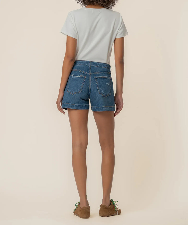 KUT from the Kloth Jane High Rise Denim Shorts with Pork Chop Pockets, showcasing the stylish high-waisted design and pocket details.