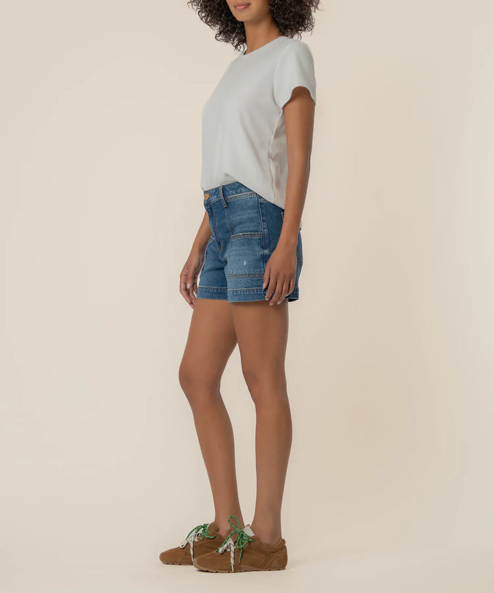 KUT from the Kloth Jane High Rise Denim Shorts with Pork Chop Pockets, showcasing classic blue denim and high waist fit.