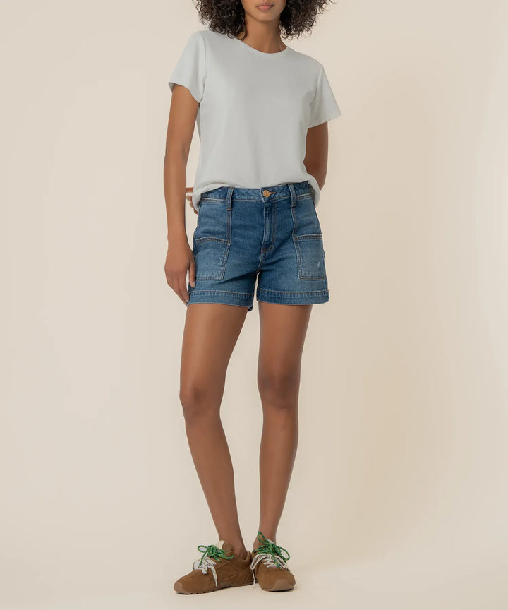 KUT from the Kloth Jane High Rise Short in denim with pork chop pockets, showcasing the stylish high-waisted design and classic denim look.