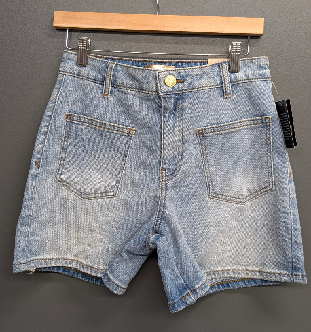 KUT from the Kloth Jane High Rise Long Shorts in denim, front view showing high waist and long cut, light wash denim.