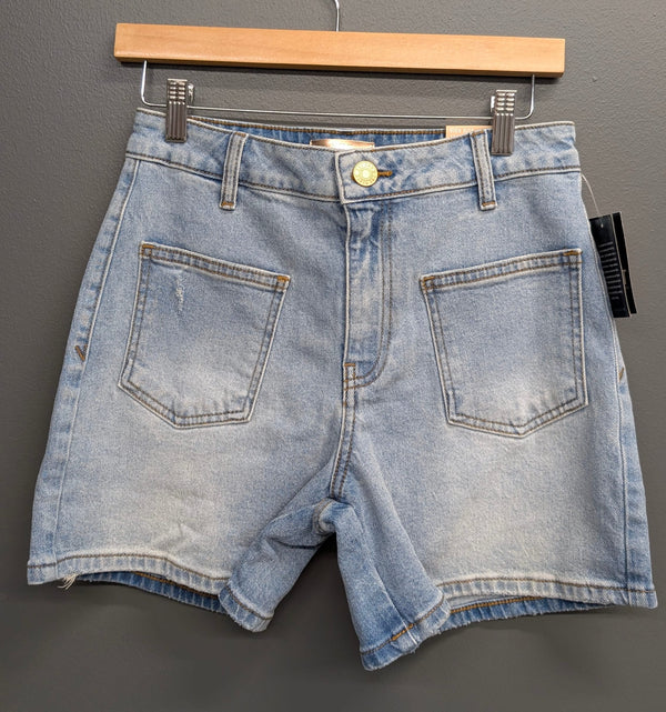 KUT from the Kloth Jane High Rise Long Shorts in denim, front view showing high waist and long cut, light wash denim.