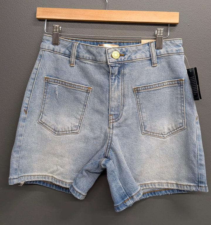 KUT from the Kloth Jane High Rise Long Shorts in denim, front view showing high waist and long cut, light wash denim.