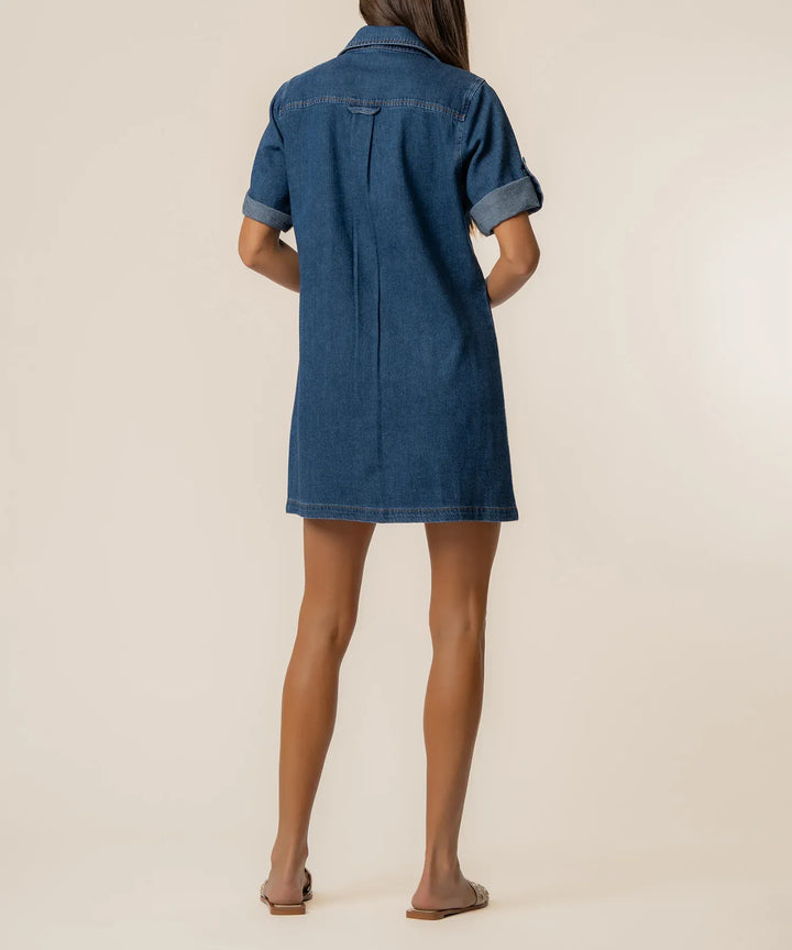 KUT from the Kloth Eliza denim dress featuring a fitted silhouette, classic blue wash, and button-front design.
