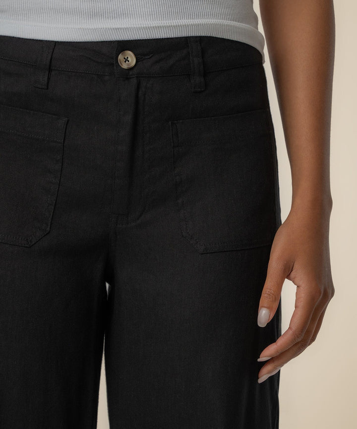 Black Meg Linen high-rise wide-leg pants by KUT from the Kloth, shown laid flat with focus on the relaxed fit and high waist.