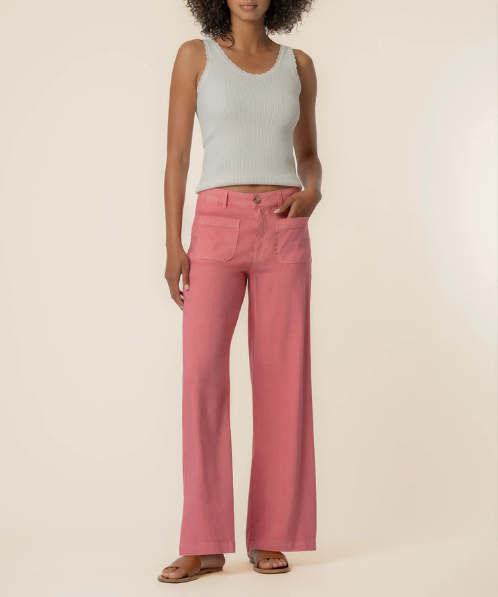 KUT from the Kloth Meg Linen High Rise Wide Leg Pants in natural linen fabric, showing the relaxed fit and wide leg silhouette.