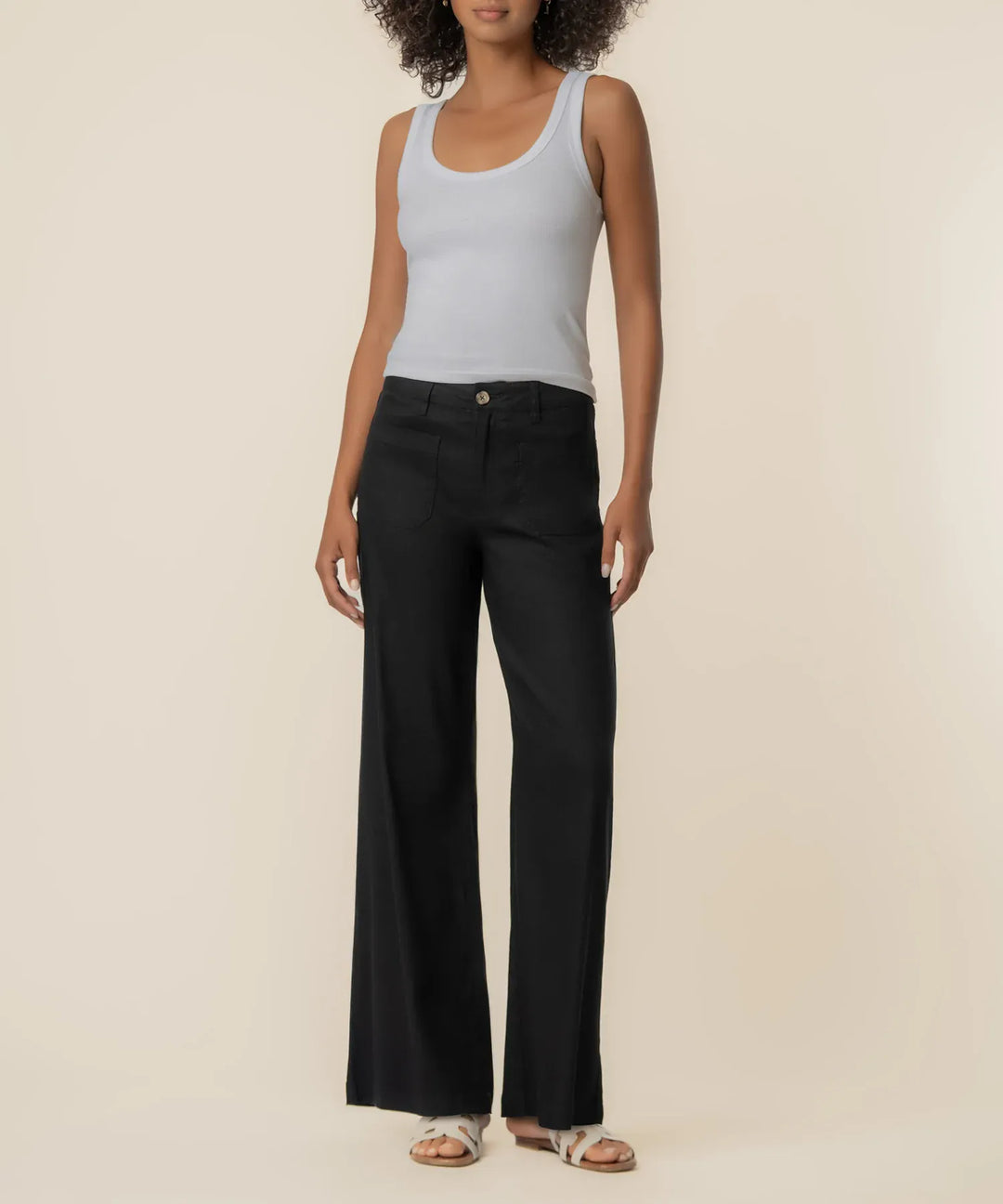 KUT from the Kloth Meg Linen High Rise Wide Leg Linen Pants, beige color, with a relaxed fit and wide-leg design visible in the image.