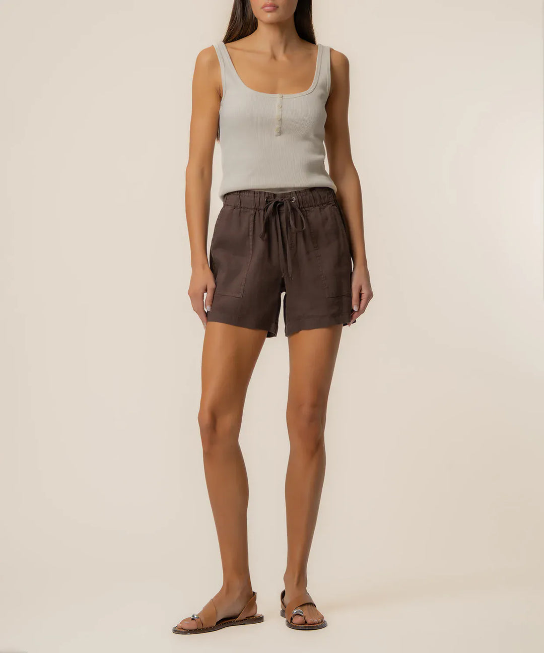 KUT from the Kloth Katana Linen Drawstring Shorts in chocolate color, casual shorts with a comfortable drawstring waist.