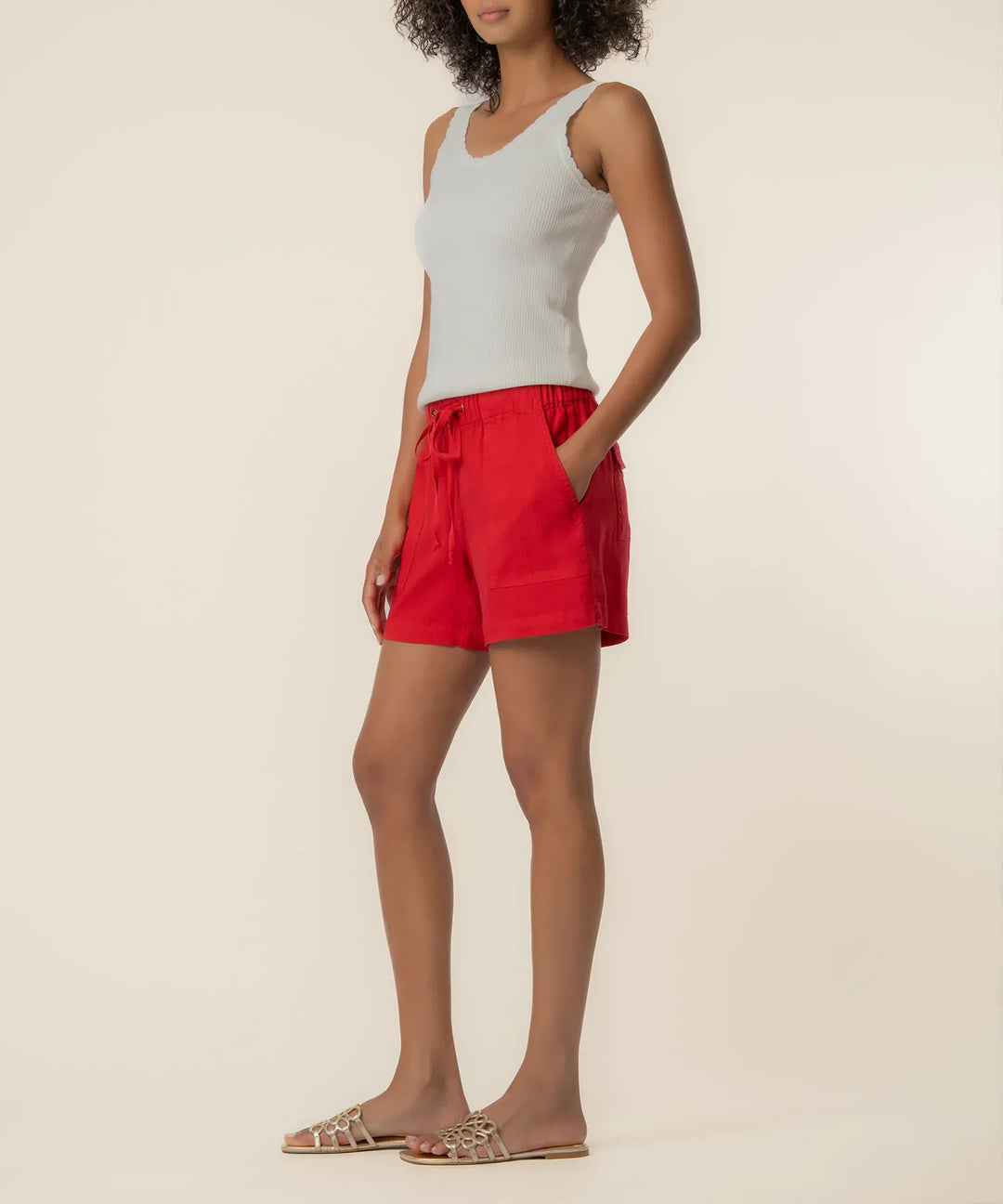 KUT from the Kloth Katana linen drawstring shorts, lightweight beige shorts with adjustable waistband and relaxed fit.