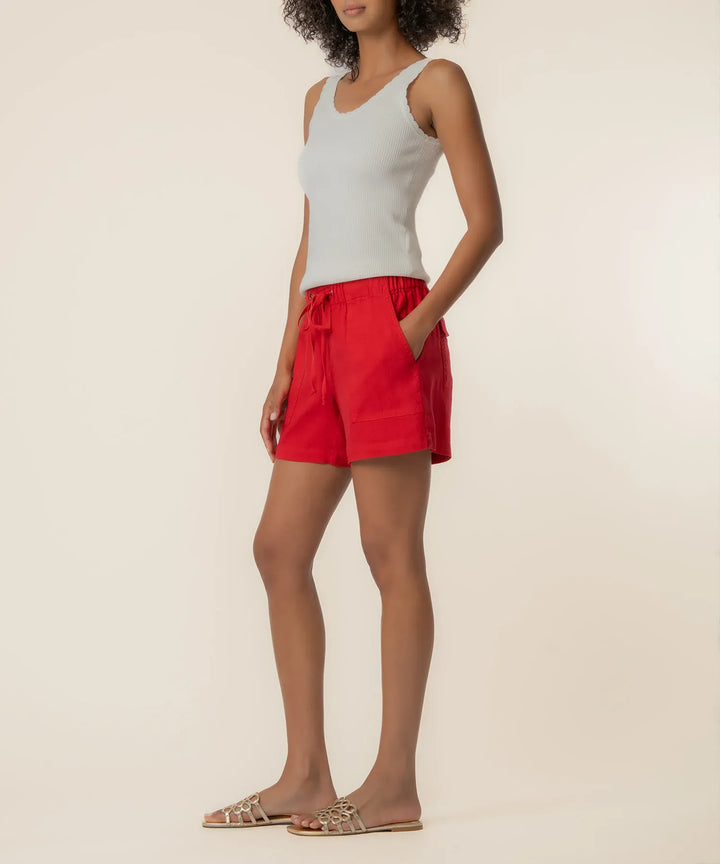 KUT from the Kloth Katana linen drawstring shorts, lightweight beige shorts with adjustable waistband and relaxed fit.