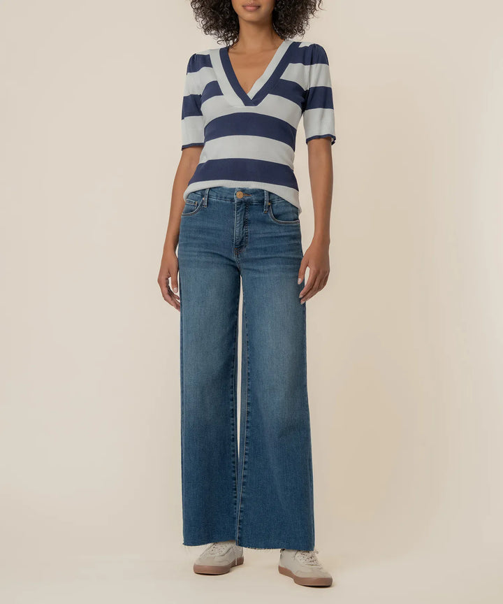 KUT from the Kloth Yona striped knit sweater in white and navy, featuring a cozy, fitted design with horizontal stripe pattern.