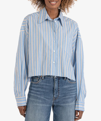 KUT from the Kloth Top Light Blue / White / S Julane Stripe Crop Shirt