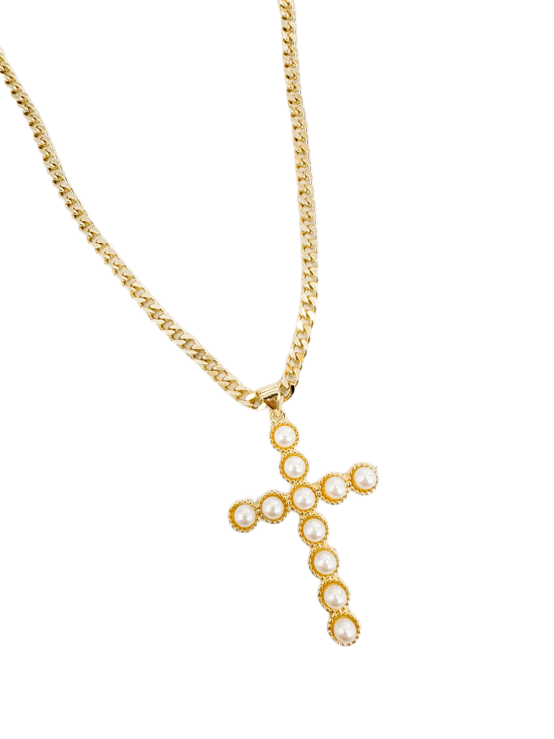 Lauren Kenzie Cuban Pearl Cross Necklace featuring a pendant with elegant pearls and a cross design on a delicate chain