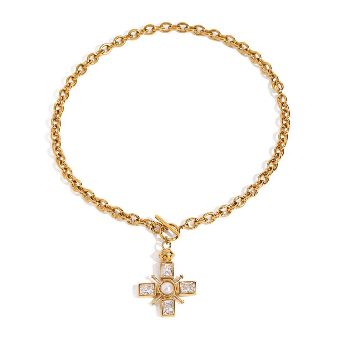 Lauren Kenzie Jenna Diamond Cross Necklace, elegant silver necklace with a sparkling diamond cross pendant, displayed against a white background.