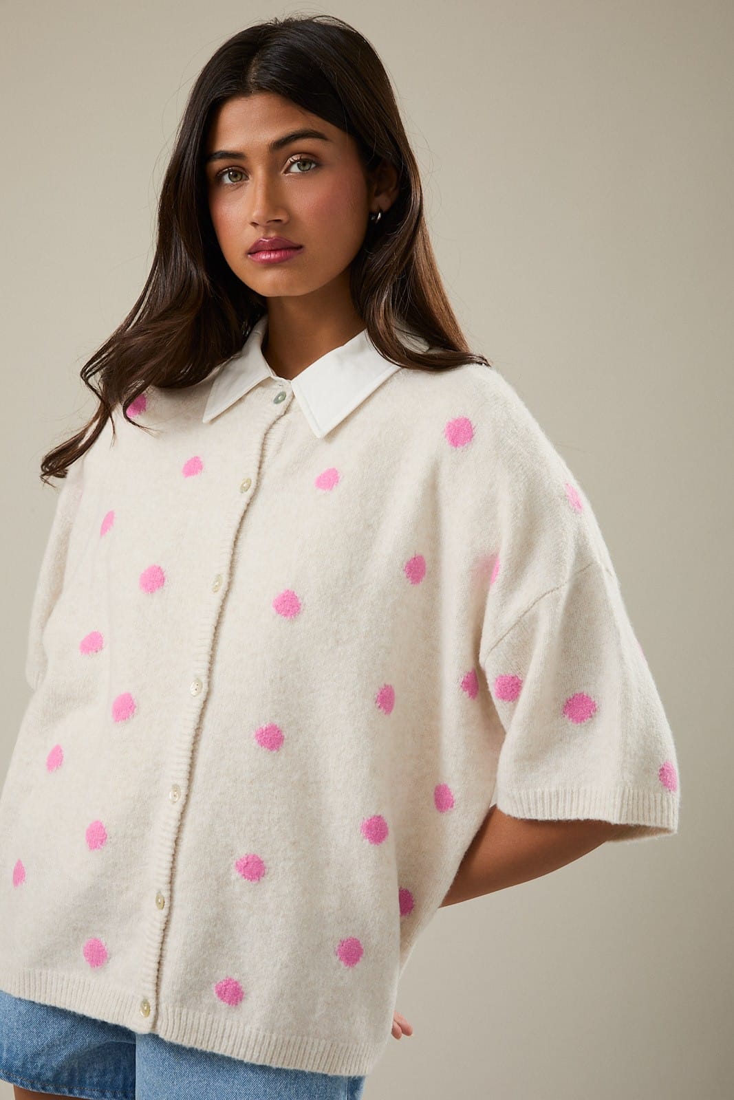 Le Lis Cardigan Ivory / Pink Dot / XS Jovie Polika Dot Cardi