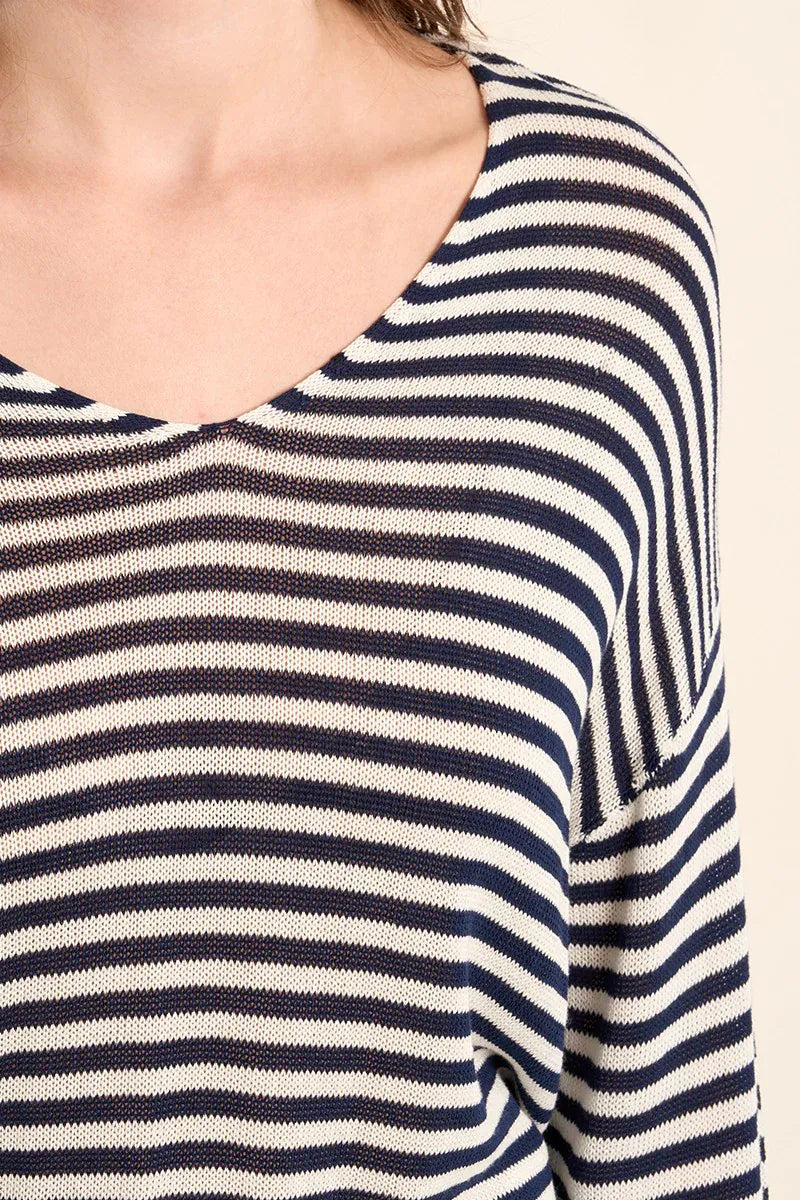Molly Bracken Amora Sailor Shirt top with nautical stripes and long sleeves, styled on a model for a casual chic look.