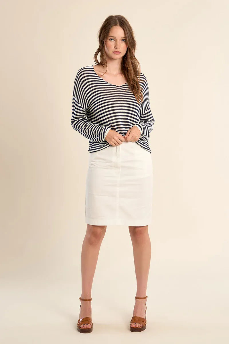 Molly Bracken Amora Sailor Shirt top featuring a navy and white striped design with a classic collar and long sleeves.