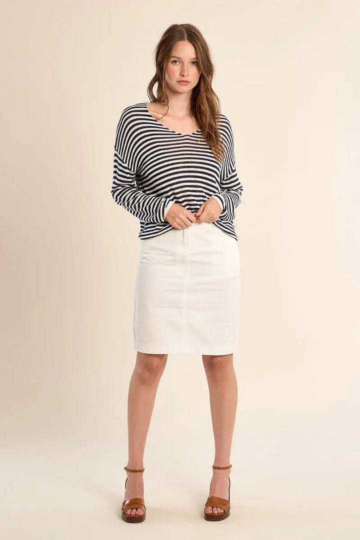 Molly Bracken Amora Sailor Shirt top featuring a navy and white striped design with a classic collar and long sleeves.