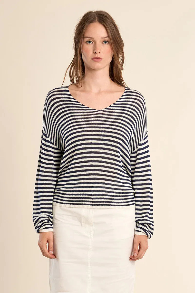 Molly Bracken Amora Sailor Shirt top featuring a classic navy and white striped design, long sleeves, and a relaxed fit.