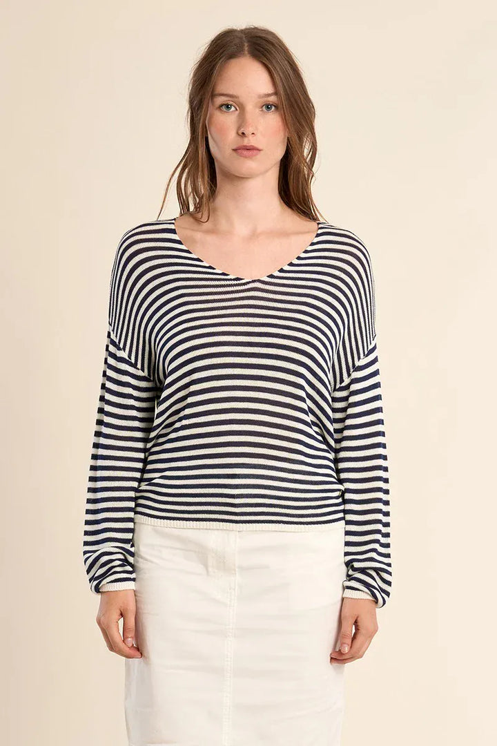 Molly Bracken Amora Sailor Shirt top featuring a classic navy and white striped design, long sleeves, and a relaxed fit.